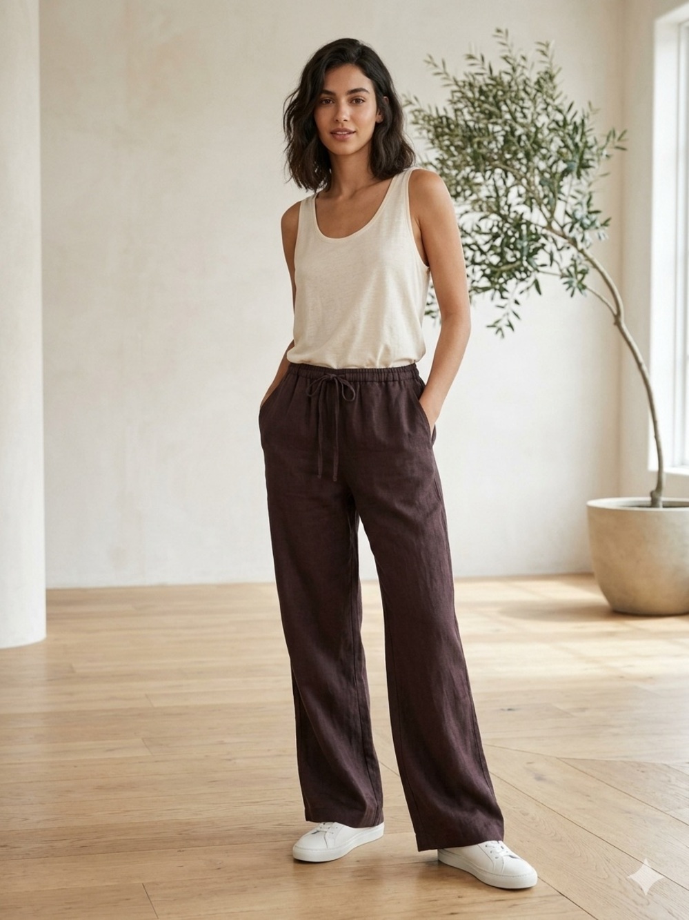 Pants Zara 100% Linen Wide-Leg Drawstring Trousers - Dark Brown - Size XS